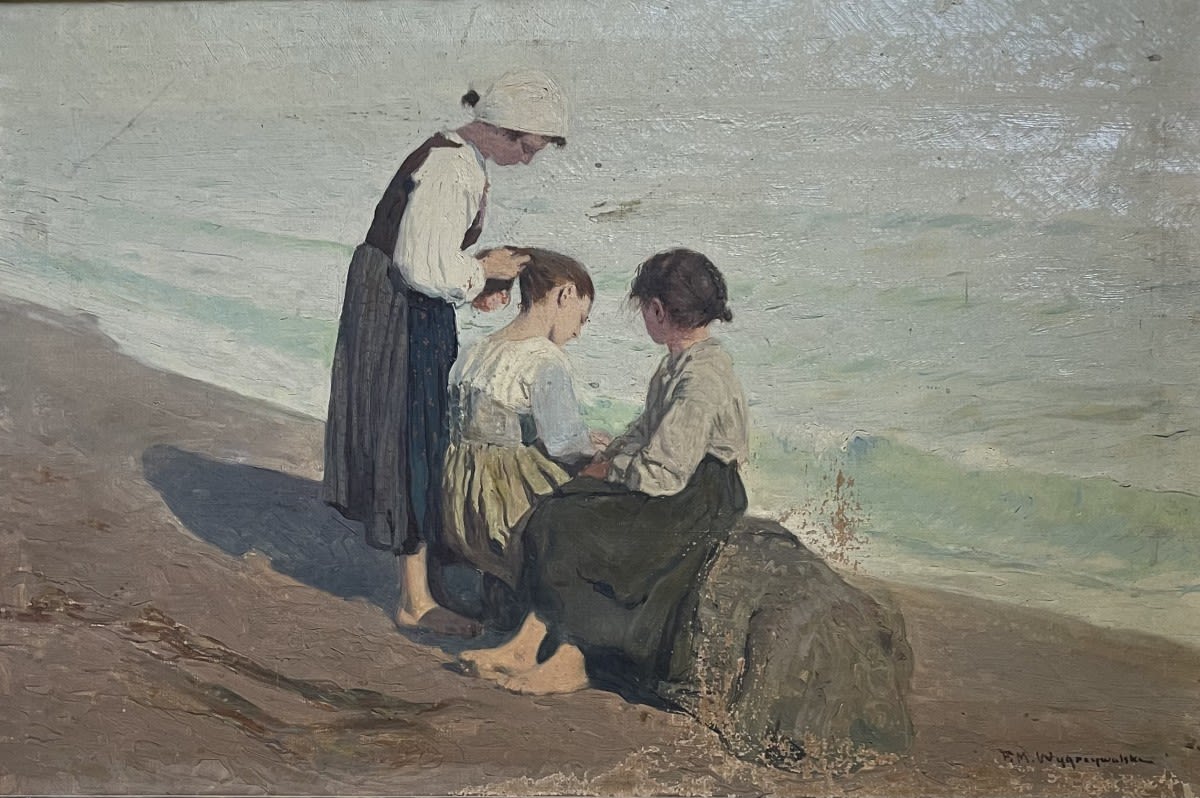 Feliks Michał Wygrzywalski (1875-1944) "Matka z córkami nad brzegiem morza", źródło: Montefiore Auction House