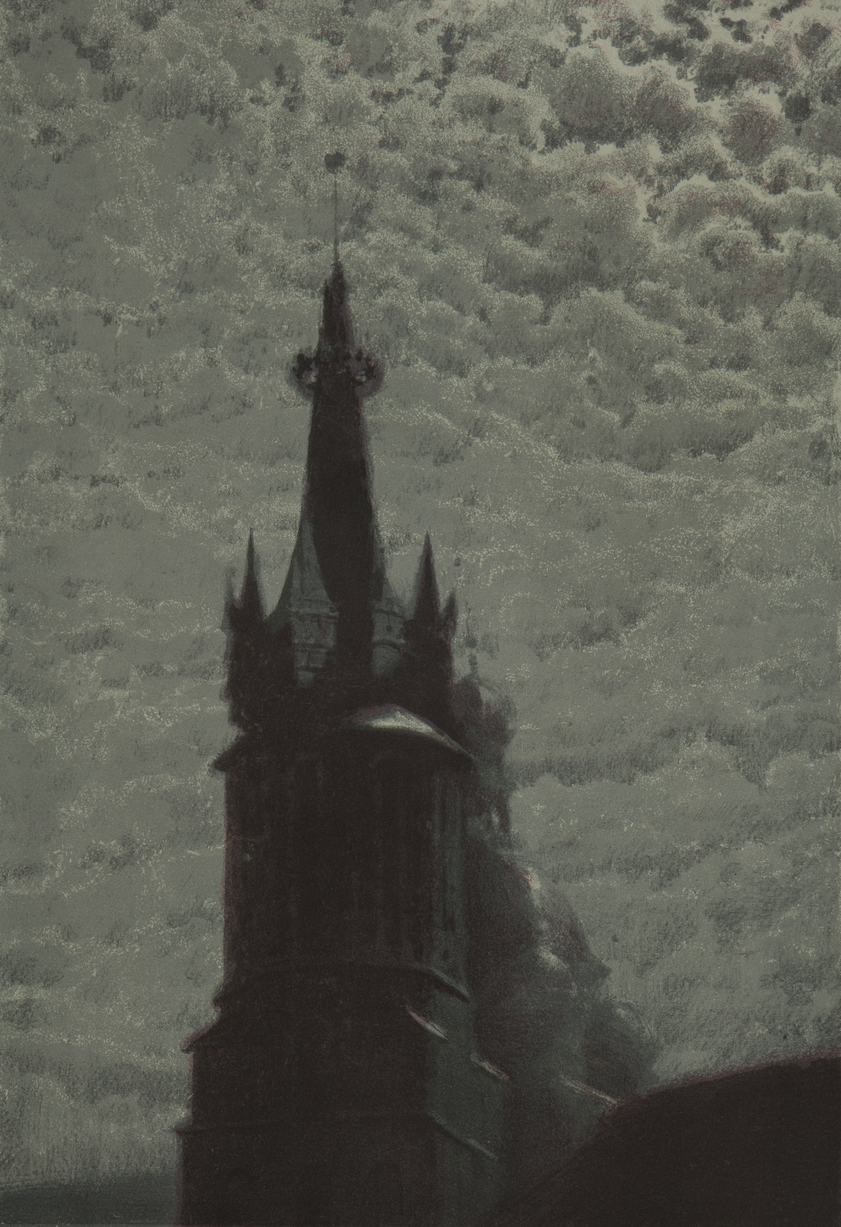 Józef Rapacki (1871-1929), "Wieża kościoła Mariackiego", litografia barwna, 1906 rok, źródło: Muzeum Narodowe w Krakowie