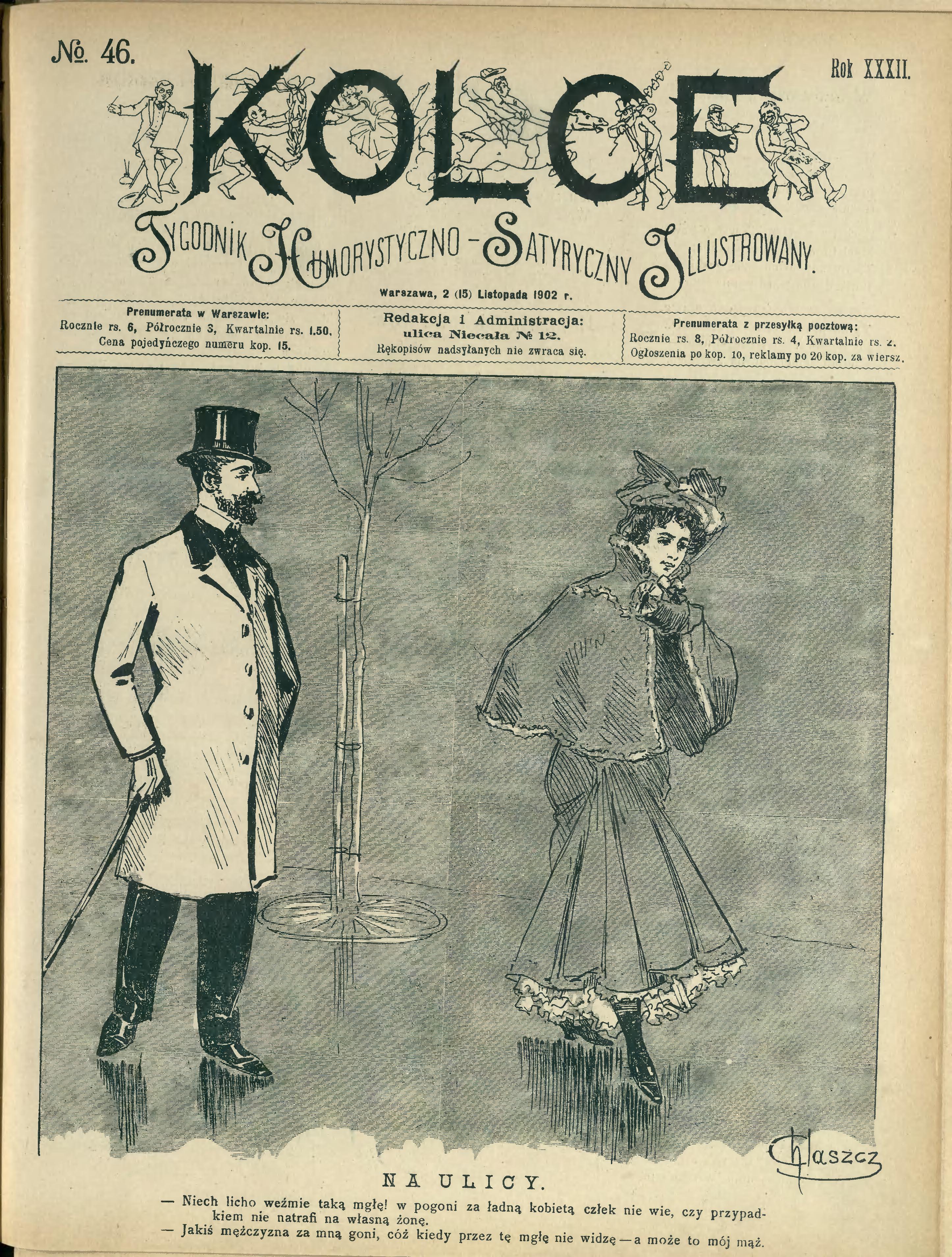 Ilustracje na okładkach czasopisma „Kolce” z roku 1902, w których publikował Witold Wojtkiewicz, źródło: biblioteka cyfrowa Uniwersytetu Warszawskiego