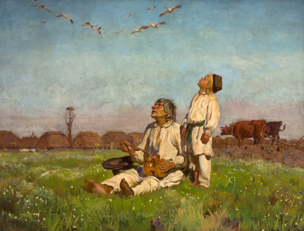 Chełmoński (1849-1914) "Bociany", 1900 rok, olej na płótnie, 150 cm × 198 cm, źródło: Muzeum Narodowe w Warszawie