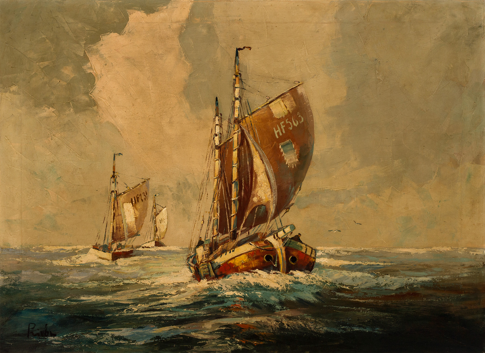 Rudolf Priebe (1889-1956?), „Kutry żaglowe na morzu”, źródło: Salon Dzieł Sztuki Connaisseur