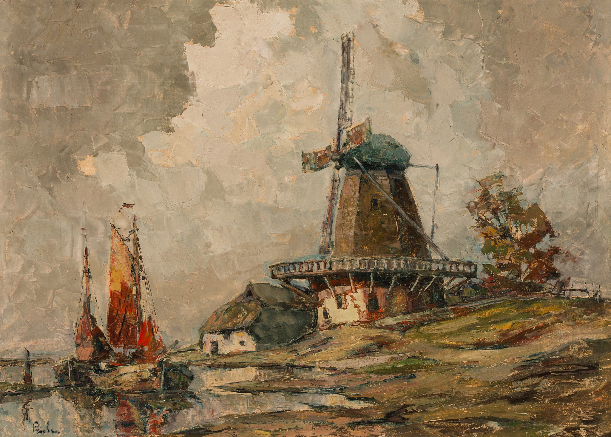 Rudolf Priebe (1889-1956?), „Pejzaż z wiatrakiem”, źródło: Salon Dzieł Sztuki Connaisseur