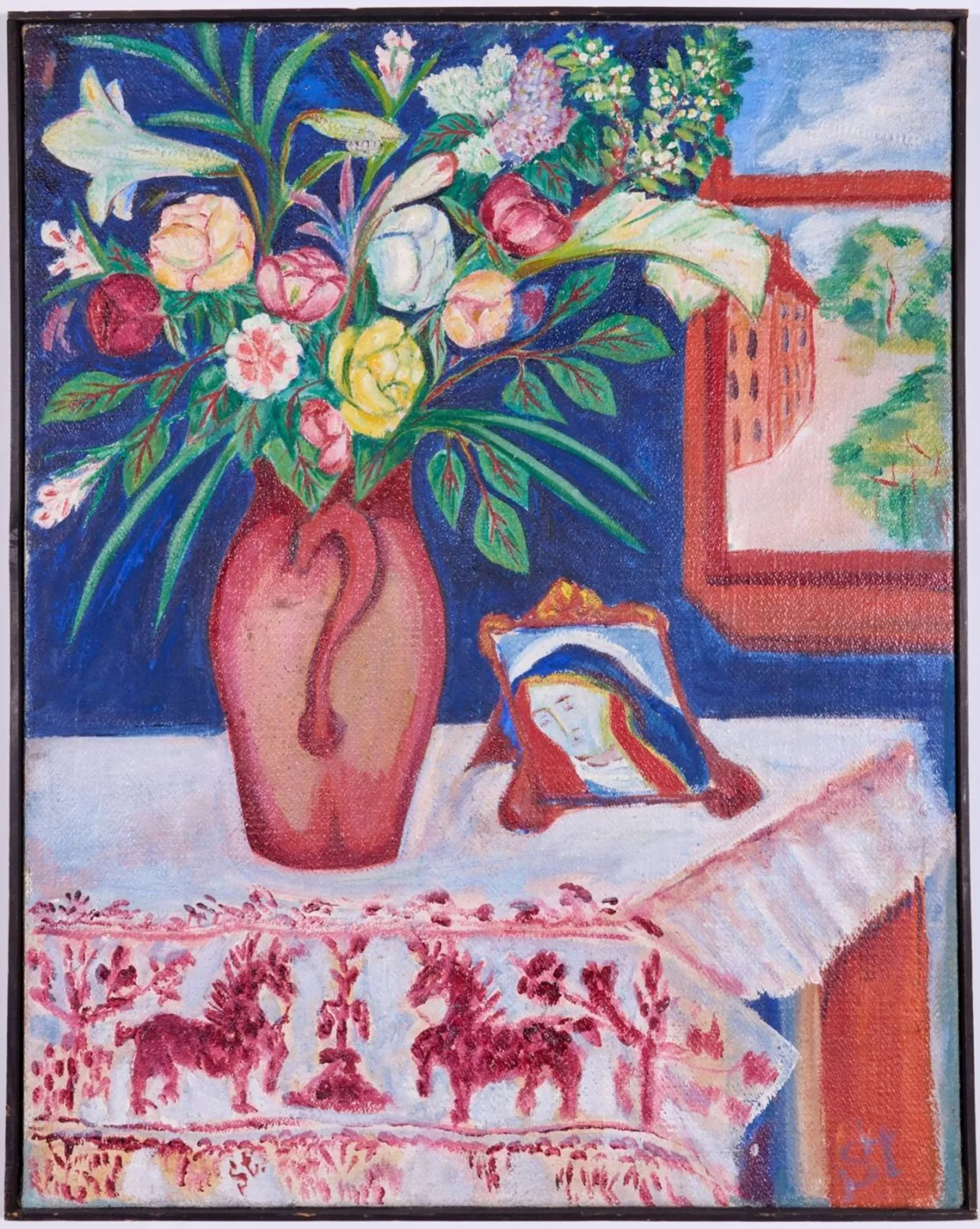 Stanisław Stückgold (1868 – 1933) „Martwa natura z bukietem kwiatów i madonną”, źródło: Döbritz Kunst und Auktionshaus Stanisław Stückgold (1868 – 1933) „Martwa natura z bukietem kwiatów i madonną”, źródło: Döbritz Kunst und Auktionshaus