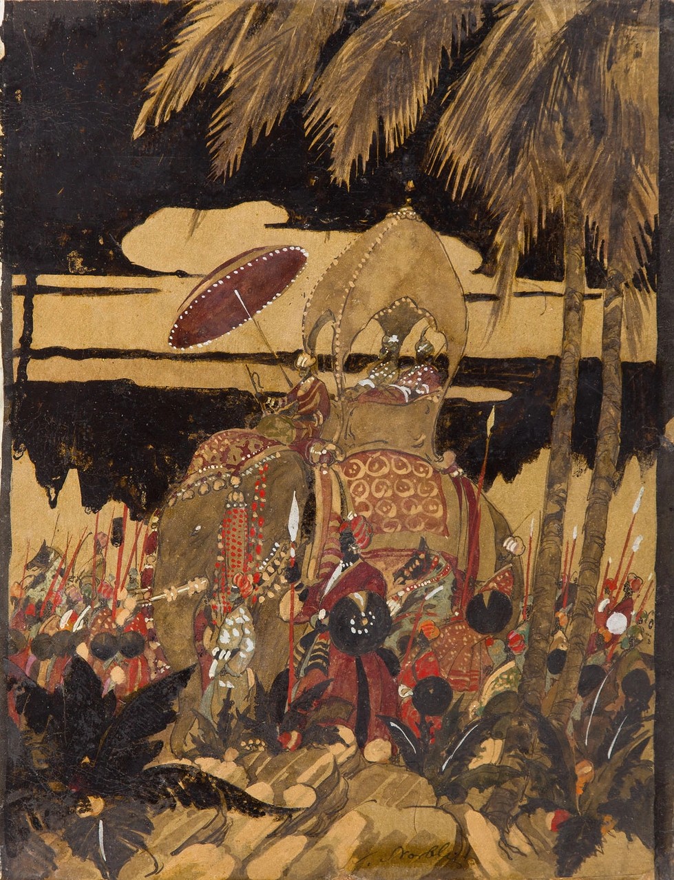 Stefan Norblin (1892-1952) "Pochód ze słoniem" - projekt malowidła ściennego do pałacu Umaid Bhawan w Dźodhpur, lata 1944-47, źródło: Desa Unicum Stefan Norblin (1892-1952) "Pochód ze słoniem" - projekt malowidła ściennego do pałacu Umaid Bhawan w Dźodhpur, lata 1944-47, źródło: Desa Unicum
